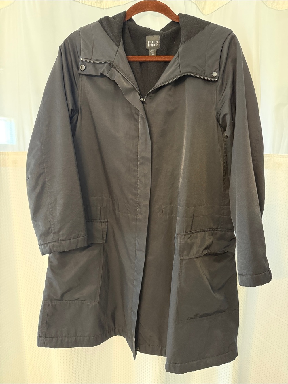 Eileen Fisher Black Hooded Long Trench Coat